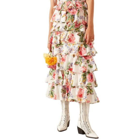 Alix‎ of Bohemia Tasha Rose Floral Ruffle Tiered Midi Skirt Small Cottagecore - Picture 16 of 16